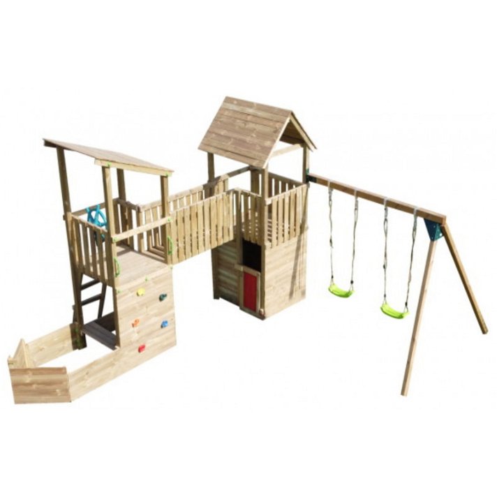 Parque infantil con múltiples juegos fabricado en madera de corte cuadrado Pacific L Masganes