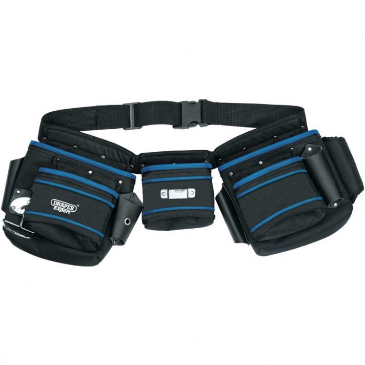 Cinturón con bolsillo doble para herramientas hecho de cuero y nailon rígido negro azul Draper Tools