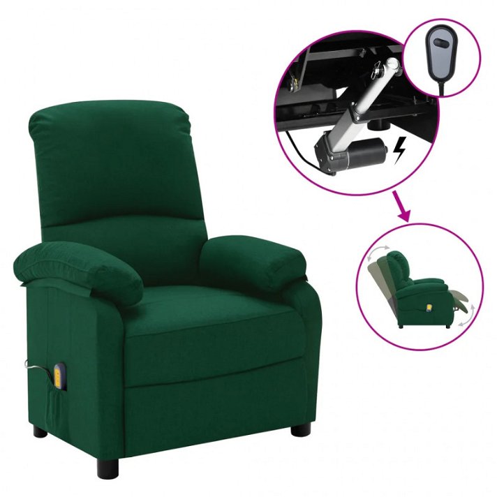 Poltrona rebatível com massagem elétrica de tecido verde-escuro Vida XL