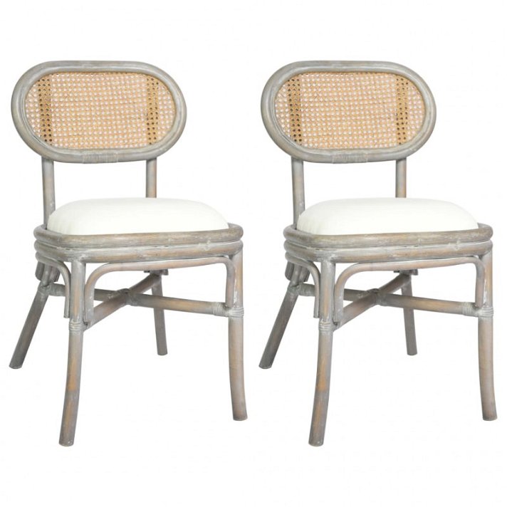Lot de chaises de salle à manger en rotin naturel et lin gris clair avec coussin blanc crème VidaXL