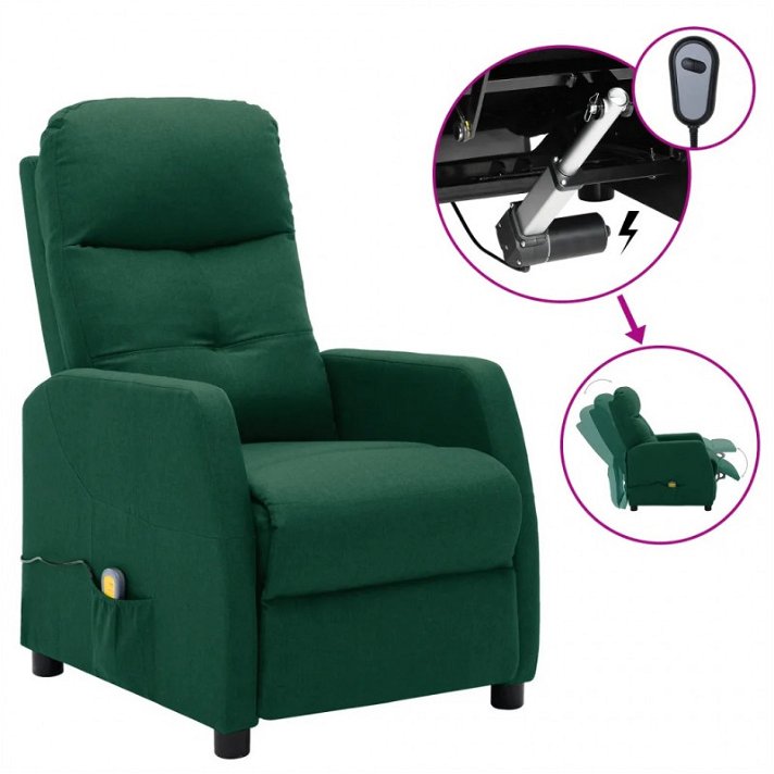 Poltrona massaggiante con reclinazione elettrica tessuto verde scuro VidaXL