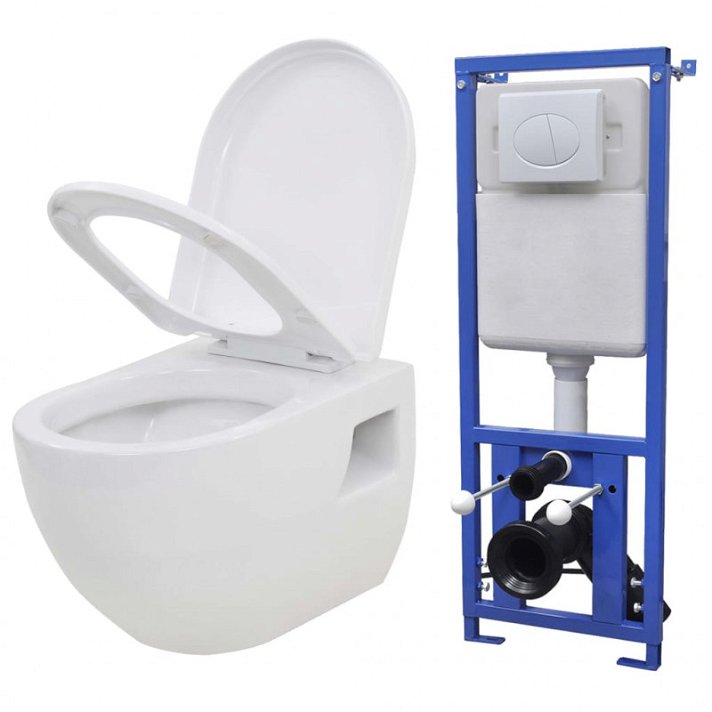 Ensemble de toilettes suspendues blanches avec sortie horizontale et bâti-support VidaXL