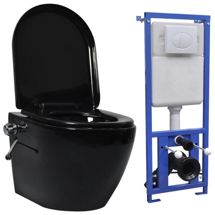 Pack de inodoro suspendido negro sin bordes con función de bidé y cisterna oculta VidaXL