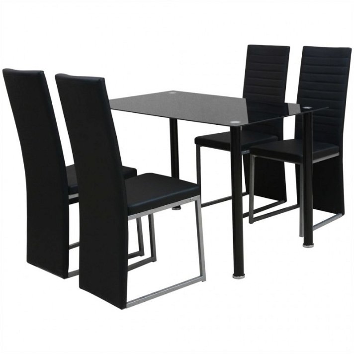 Juego de mesa rectangular y 4 sillas de acero reforzado y cuero sintético negro Vida XL