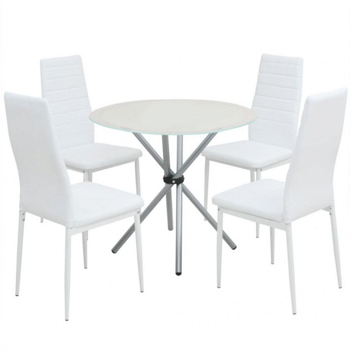 Mesa redonda e 4 cadeiras de sala de jantar brancas Vida XL