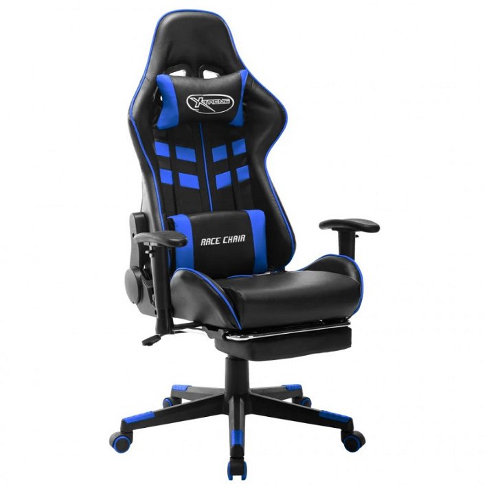 Cadeira com apoio de pés gaming de couro sintético preto e azul Vida XL