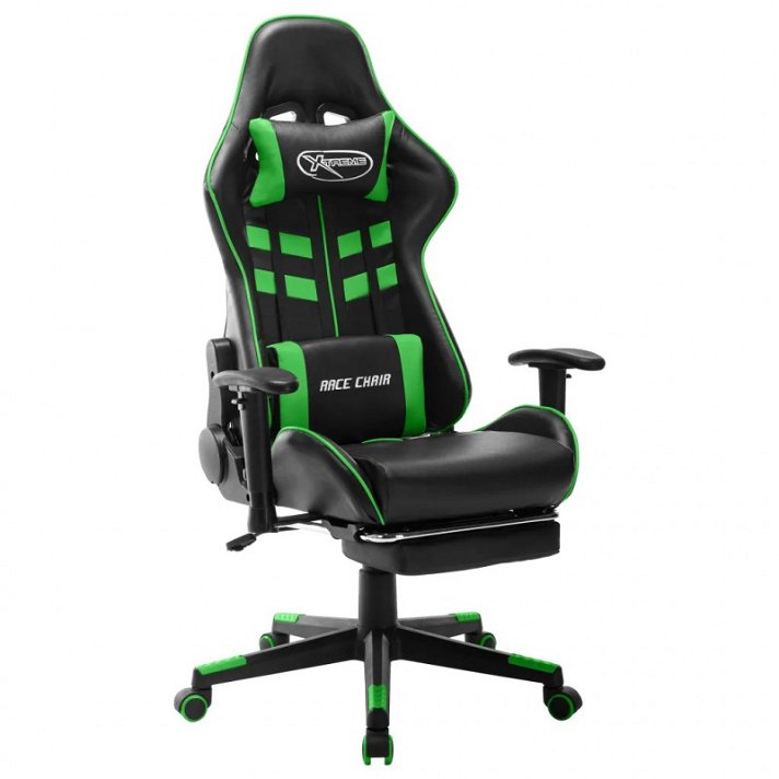 Cadeira com apoio de pés gaming de couro sintético preto e verde Vida XL