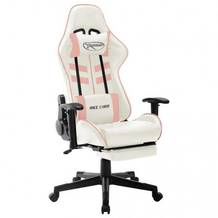Cadeira com apoio de pés gaming de couro sintético branco e rosa Vida XL