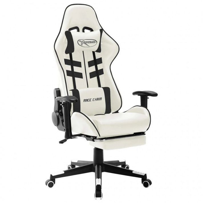 Cadeira com apoio de pés gaming de couro sintético branco e preto Vida XL