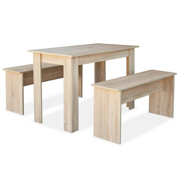 Mesa com 2 bancos de aglomerado de madeira na cor carvalho Vida XL