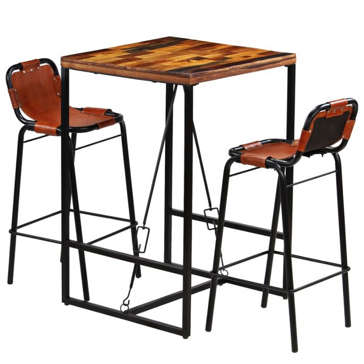 Conjunto de 1 mesa de bar alta y 2 sillas fabricadas con madera reciclada y acabado en marrón y negro Vida XL