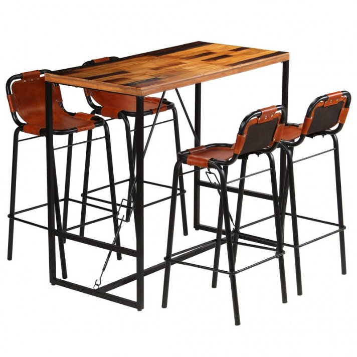 Conjunto de 1 mesa de bar alta y 4 sillas fabricadas con madera reciclada y acabado en marrón y negro Vida XL