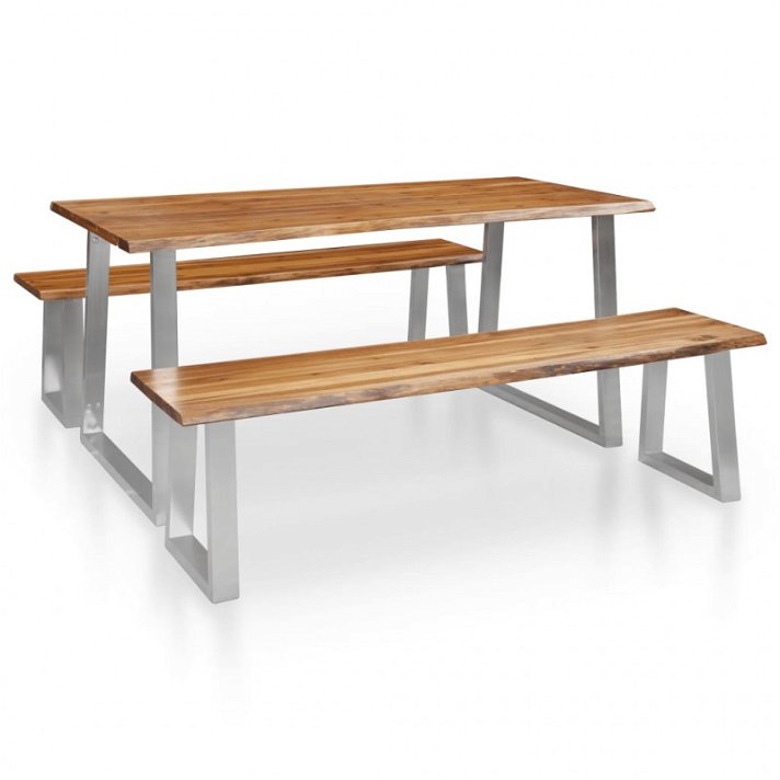 Conjunto de mesa com 2 bancos fabricados com madeira de acácia e acabamento de cor castanho e prateado VidaXL