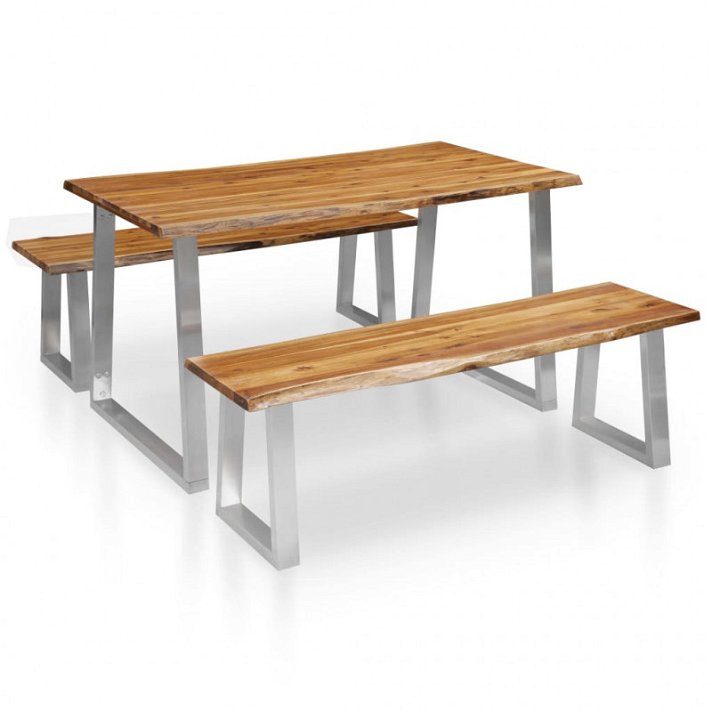 Conjunto de mesa y 2 bancos fabricados con madera de acacia y acabado plateado y marrón Vida XL