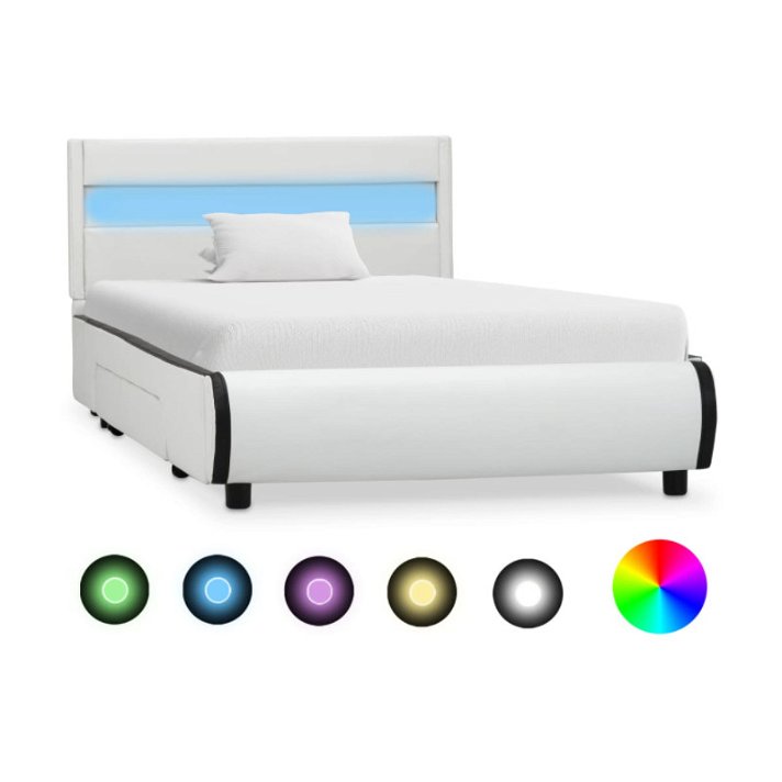 Estrutura cama com LED e gavetas de couro sintético branco Vida XL