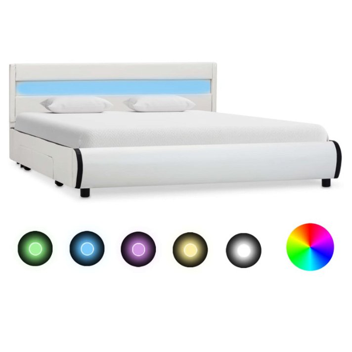 Estructura cama LED y cajones cuero sintético blanco VidaXL