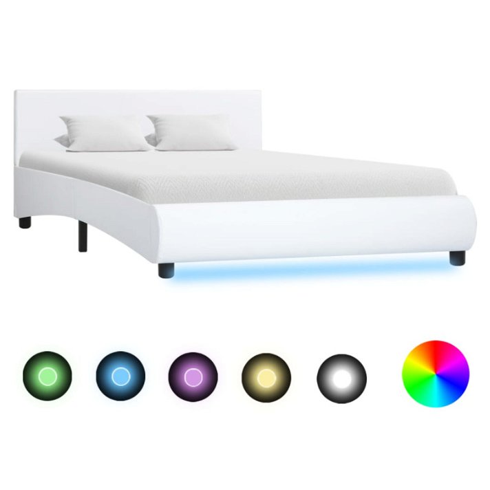 Estructura cama luz LED cuero sintético blanco VidaXL