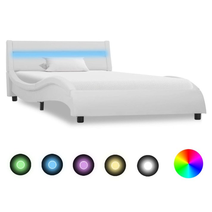Estructura de cama con luz LED cuero sintético blanco VidaXL