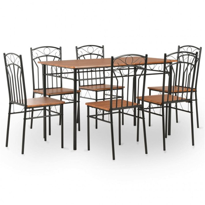 Conjunto de 1 mesa de sala de jantar e 6 cadeiras fabricadas em MDF e aço de cores castanho e preto VidaXL
