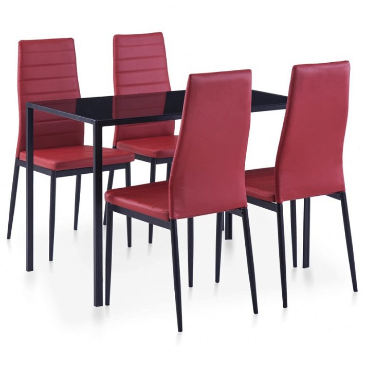 Conjunto de 1 mesa de vidrio y 4 sillas de madera y cuero sintético negro y vino tinto Vida XL