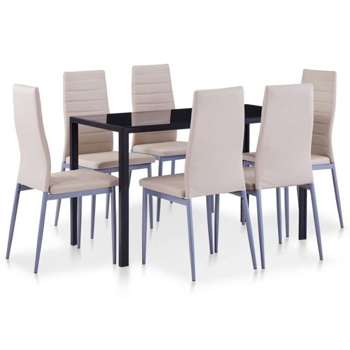 Conjunto de 1 mesa de vidrio y 6 sillas de madera con cuero sintético color capuchino Vida XL