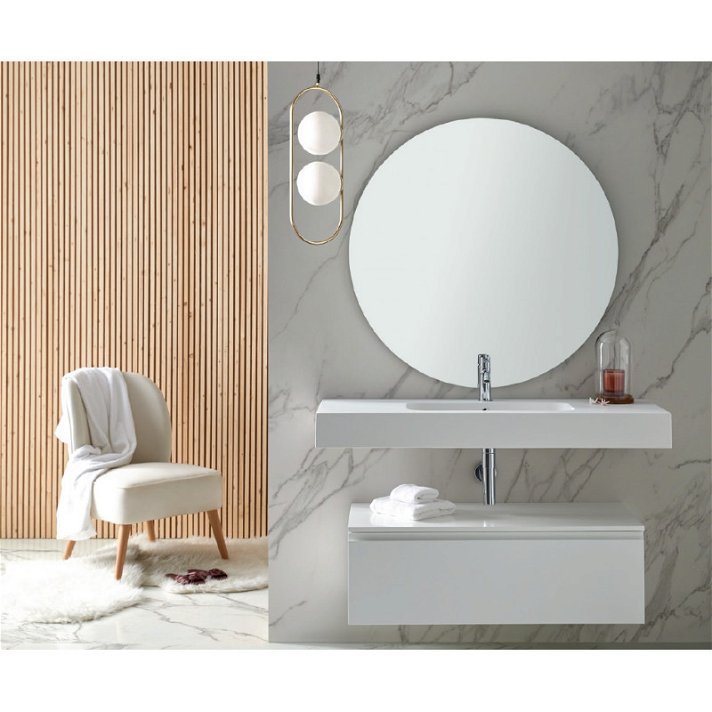 Conjunto mueble de baño con encimera y lavabo integrado de 120cm en color blanco seda Nice Sanchis