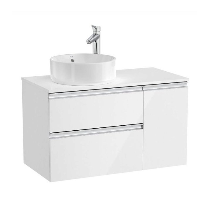 Meuble de salle de bains pour vasque à poser à gauche de 90 cm avec 1 porte et 2 tiroirs de couleur blanc brillant The Gap Roca
