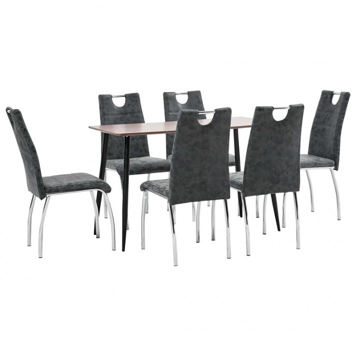 Conjunto de 1 mesa de MDF e aço com 6 cadeiras estofadas em couro sintético de cor preto VidaXL
