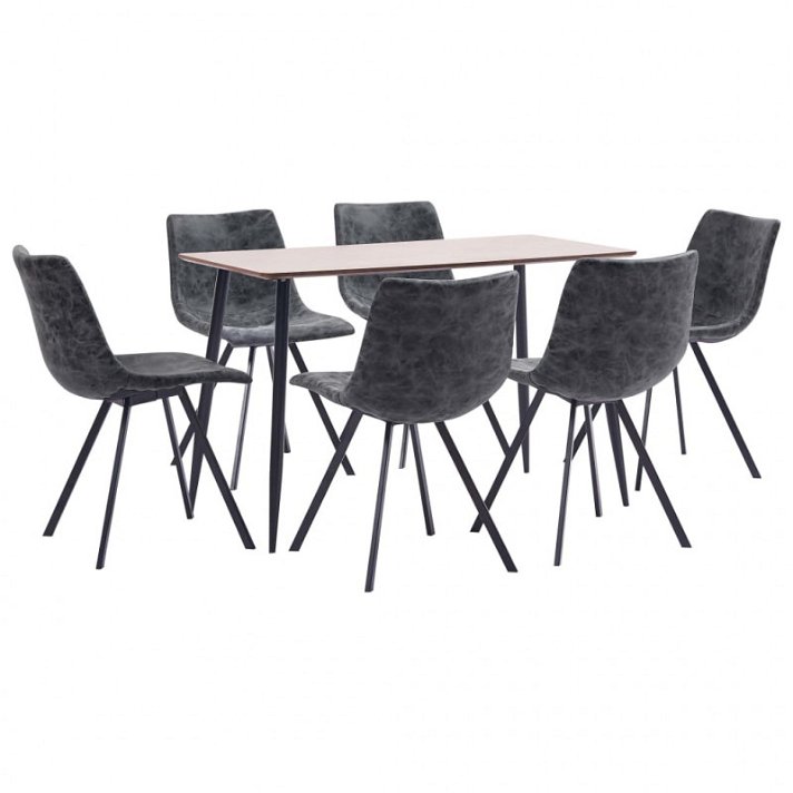 Conjunto de 1 mesa de MDF e aço com 6 cadeiras curvadas estofadas em couro sintético preto VidaXL