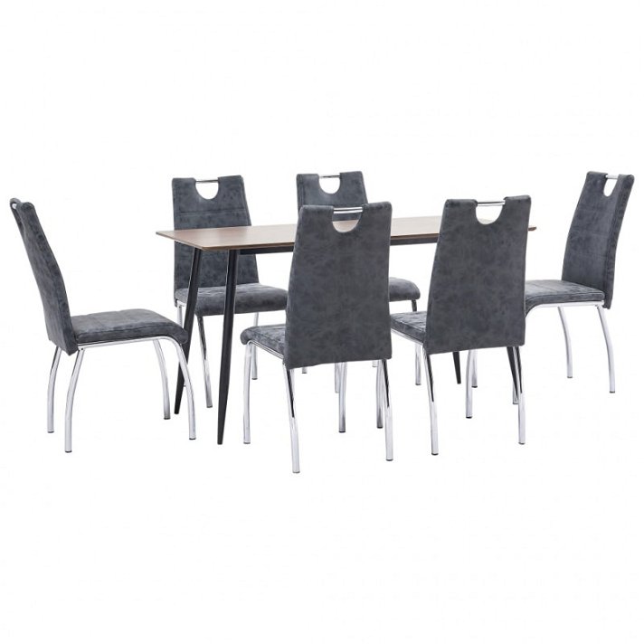 Conjunto de 1 mesa de MDF e aço com 6 cadeiras estofadas em couro sintético de cor preto da marca VidaXL