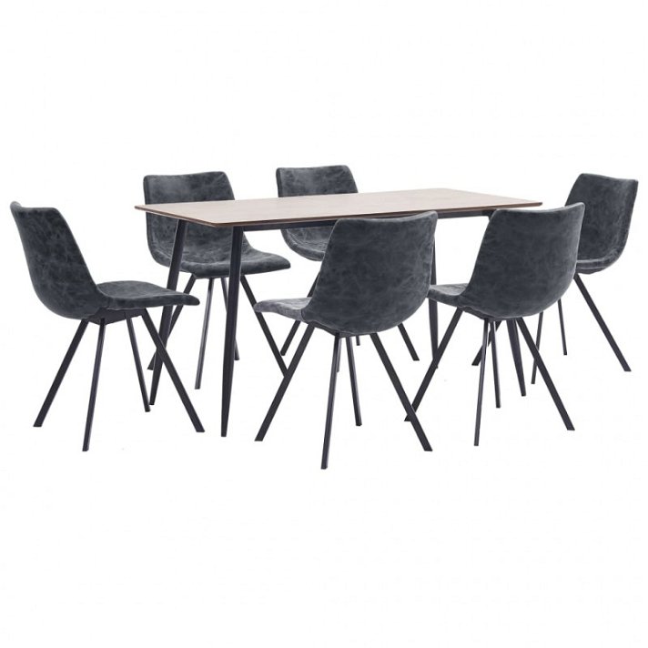 Conjunto de 1 mesa de MDF e aço com 6 cadeiras estofadas com couro sintético preto VidaXL