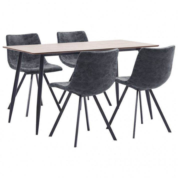 Conjunto de 1 mesa de MDF e aço com 4 cadeiras estofadas em couro sintético preto VidaXL