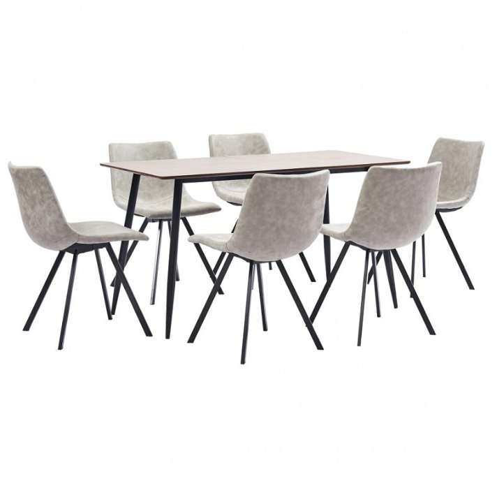 Conjunto de 1 mesa de MDF y acero con 6 sillas tapizadas en cuero sintético color gris claro Vida XL