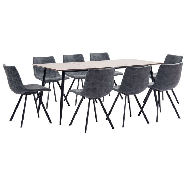 Conjunto de 1 mesa de MDF y acero con 8 sillas tapizadas en cuero sintético color negro Vida XL