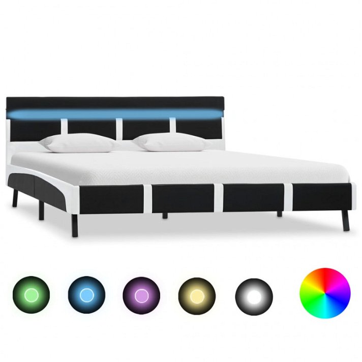 Estructura de cama de cuero sintético negro y blanco con luz LED Vida XL