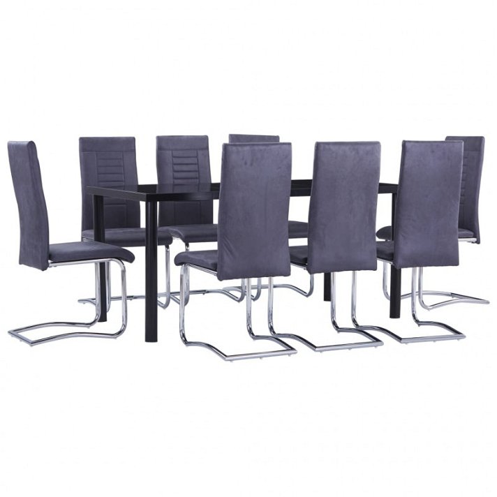 Set mesa de vidro e 8 cadeiras cinzentas e pretas Vida XL