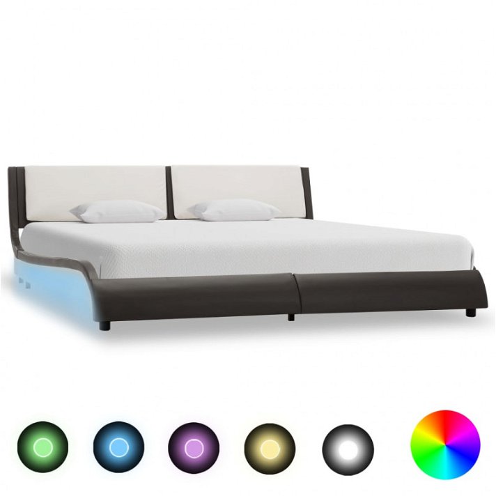 Estructura de cama de cuero sintético con luz LED gris con blanco Vida XL