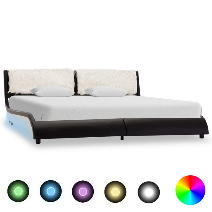 Estructura de cama cabecera tapizada en cuero sintético negro con blanco y luz LED Vida XL