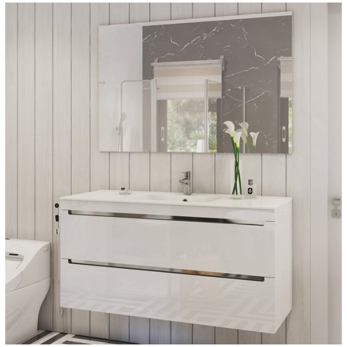 Mueble de baño suspendido de 120 cm con lavabo y dos cajones de acabado blanco brillo LOA Torvisco