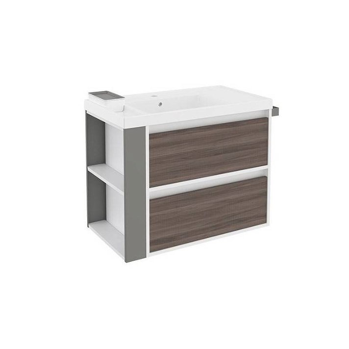 Mueble con lavabo resina 80cm Blanco-Fresno/Gris 2 cajones B-Smart Cosmic