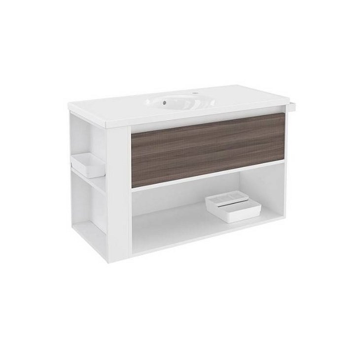 Mobile con lavabo in porcellana 100 cm Bianco-Frassino/Bianco B-Smart BATH+