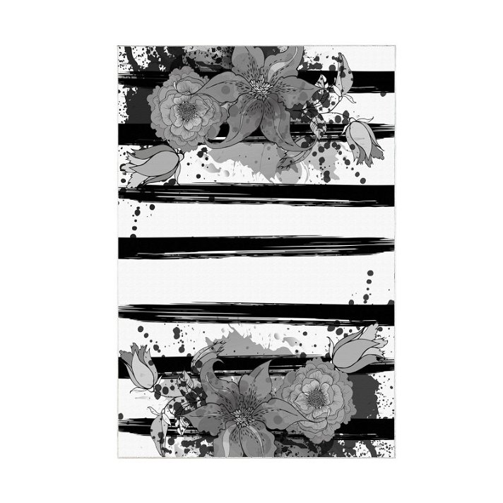 Alfombra de poliamida de 300x80 cm con un estampado de rayas y flores en acabado color negro y blanco Forme