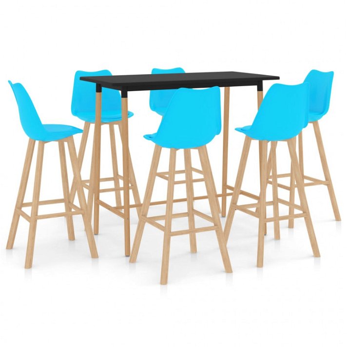 Conjunto de 1 mesa alta color negro y 6 taburetes con respaldo en color azul VidaXL