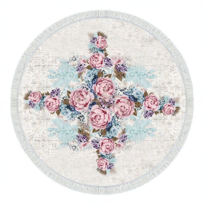 Alfombra de poliamida circular de 120 cm con diseño antiguo de rosas en fondo con acabado color beige Forme