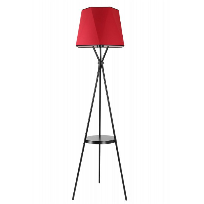 Lámpara de pie de metal con estante y pantalla hexagonal en acabado color negro y rojo Venedik Forme
