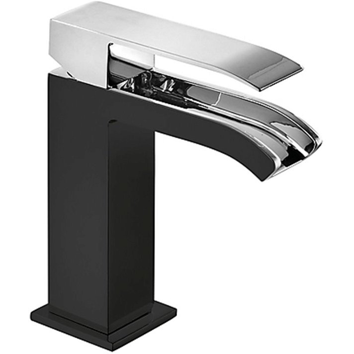Robinet mitigeur de lavabo avec poignée rectangulaire sortie cascade couleur chromé et noir Cuadro TRES