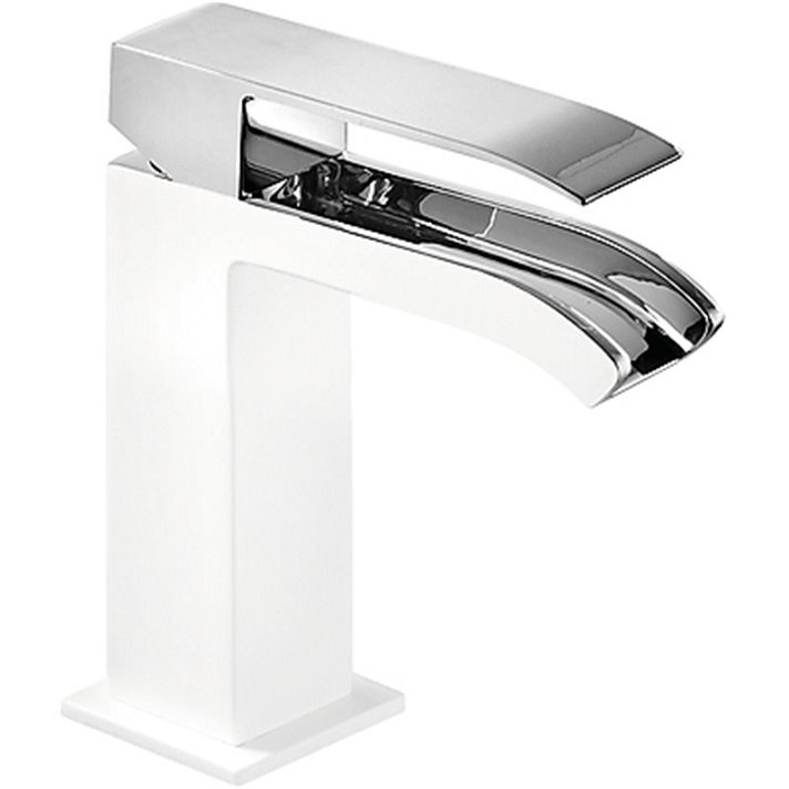 Robinet mitigeur de lavabo avec poignée rectangulaire sortie d'eau en cascade couleur chromé et blanc Cuadro TRES