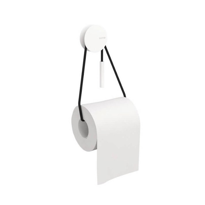 Porte-papier toilette à installation par adhésif blanc mat avec corde noire Diabolo Cosmic
