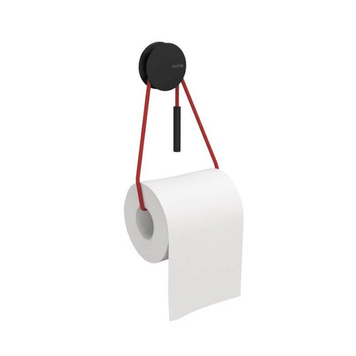 Porta-rolos adesivo para casa de banho de acabamento preto-mate com corda vermelha Diabolo Cosmic