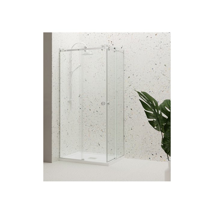 Mampara de ducha angular corredera fabricada en vidrio templado con acabado cromo Tesino Ecryla